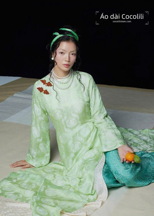 HD31 3179 Áo + quần - Áo dài lụa Hà đông 4 tà màu xanh ngọc