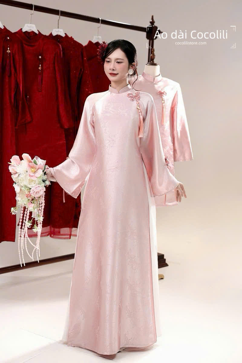 H531 3400 Áo only - Áo dài dáng suông 4 tà màu hồng đính nơ