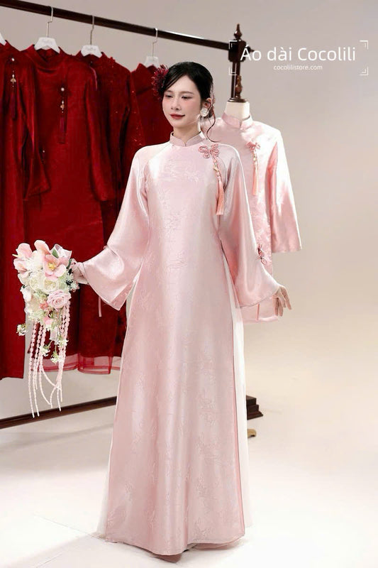H531 3400 Áo only - Áo dài dáng suông 4 tà màu hồng đính nơ