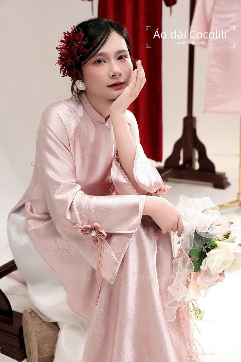 H531 3400 Áo only - Áo dài dáng suông 4 tà màu hồng đính nơ