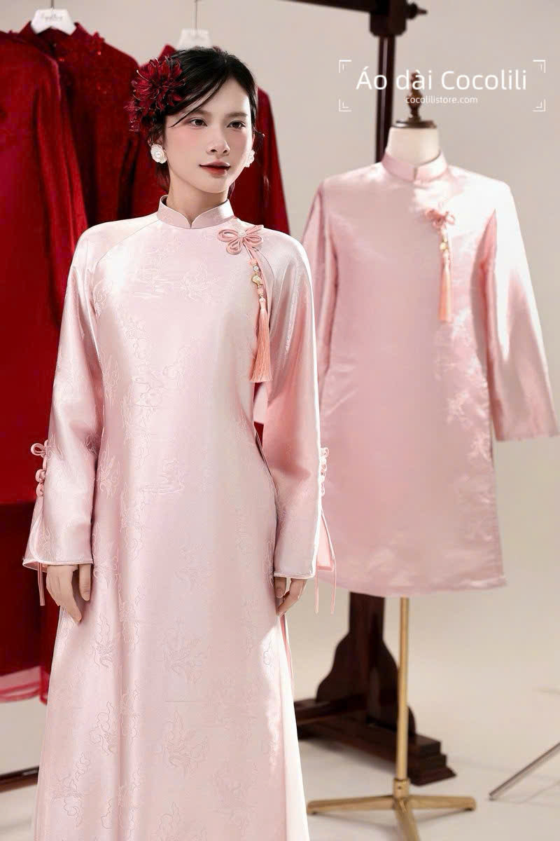 H531 3400 Áo only - Áo dài dáng suông 4 tà màu hồng đính nơ