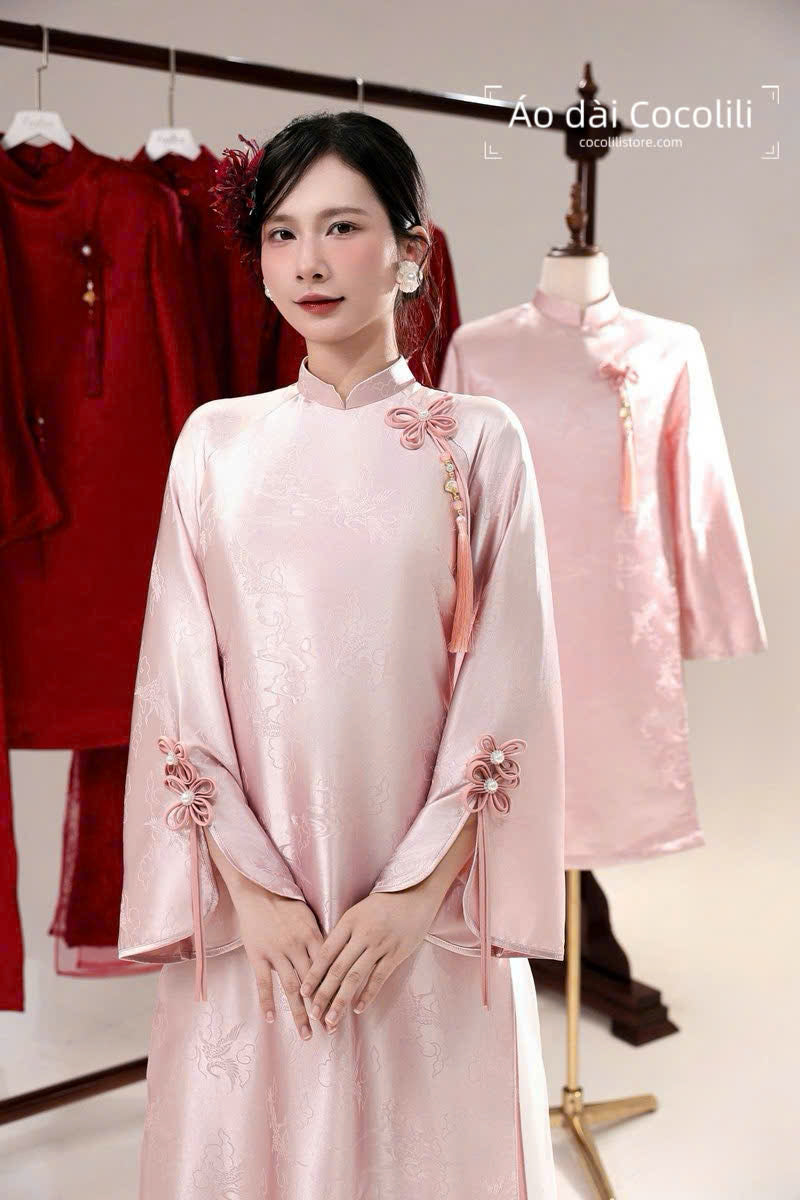 H531 3400 Áo only - Áo dài dáng suông 4 tà màu hồng đính nơ