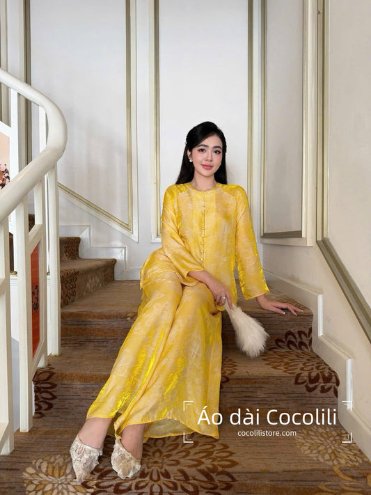 BB23 4388 Áo + quần - Bộ pháp phục lụa tencel màu vàng đính cúc