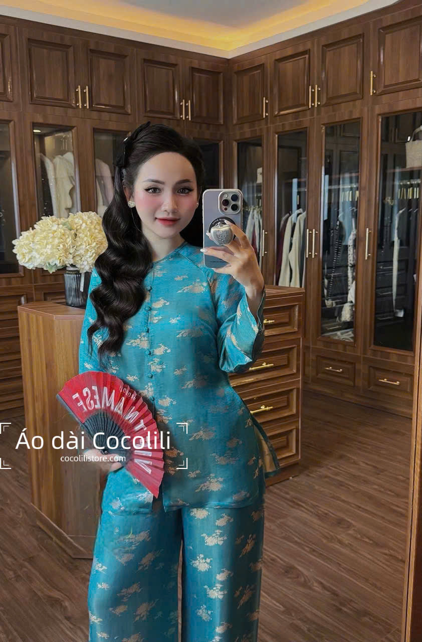 BB25 Áo + quần - Bộ bà ba lụa 2 da màu xanh dương