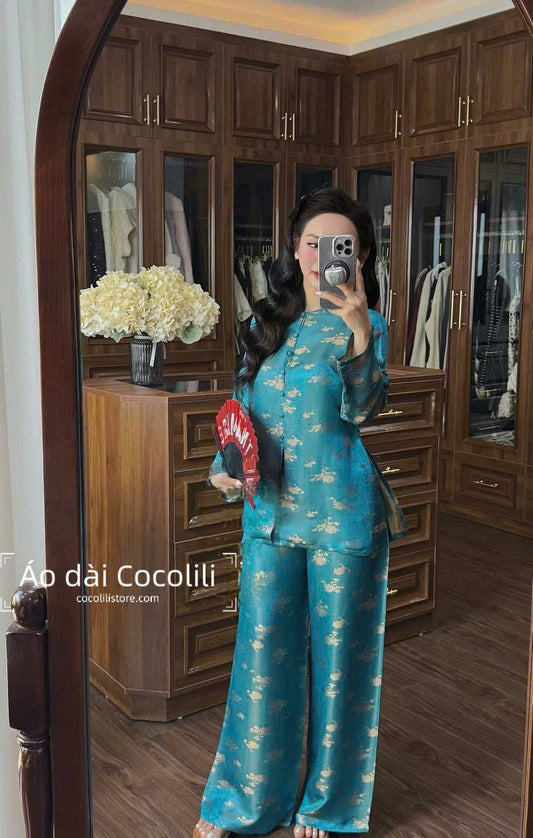 BB25 2355 Áo + quần - Bộ pháp phục lụa 2 da màu xanh dương