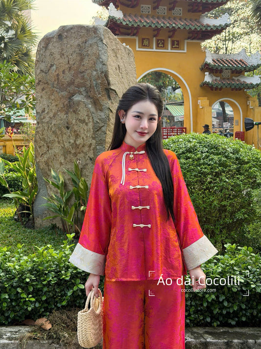 BB26 2356 Áo + quần - Bộ pháp phục lụa 2 da màu cam