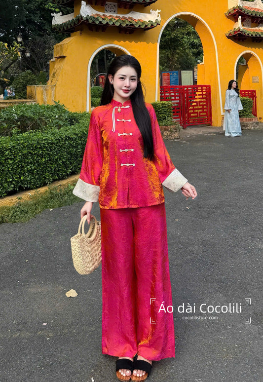 BB26 2356 Áo + quần - Bộ pháp phục lụa 2 da màu cam