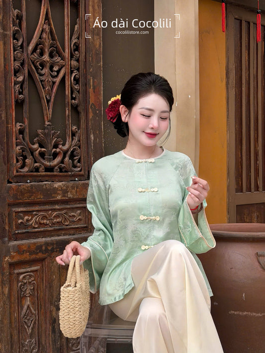 BB20 2359 Áo + quần lụa - Bộ pháp phục lụa gấm màu xanh ngọc