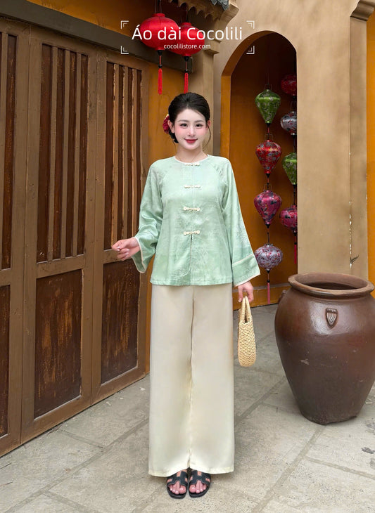 BB20 2359 Áo + quần lụa - Bộ pháp phục lụa gấm màu xanh ngọc