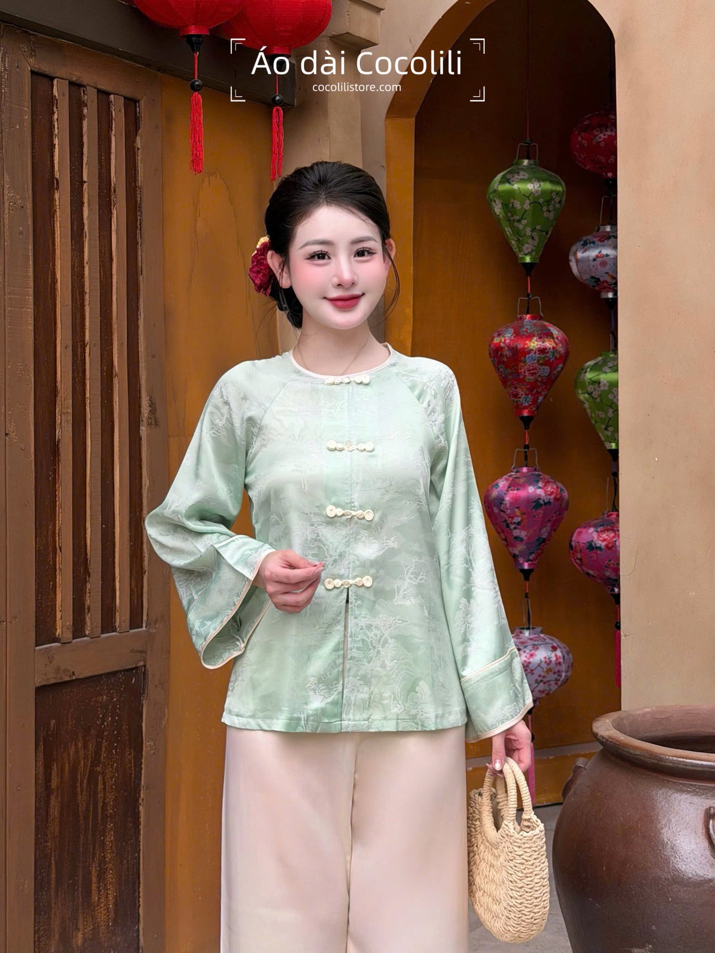 BB20 2359 Áo + quần lụa - Bộ pháp phục lụa gấm màu xanh ngọc