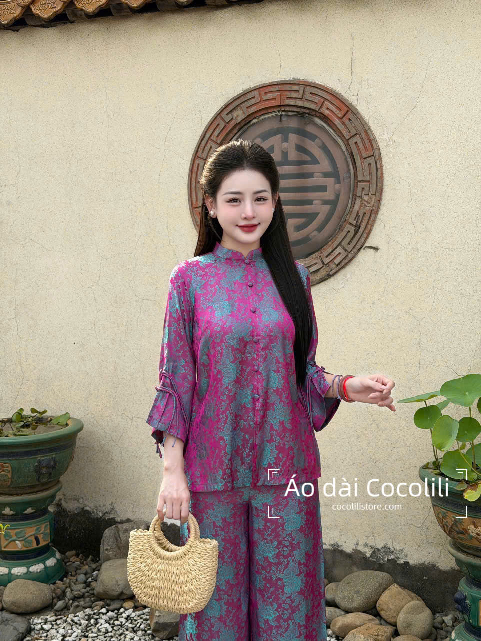 BB27 2360 Áo + quần - Bộ pháp phục lụa 2 da tím ánh xanh