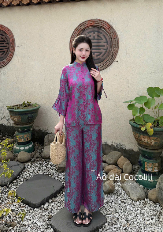 BB27 2360 Áo + quần - Bộ pháp phục lụa 2 da tím ánh xanh