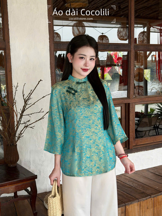 BB28 2362 Áo + quần lụa - Bộ pháp phục lụa 2 da đinh hương màu xanh