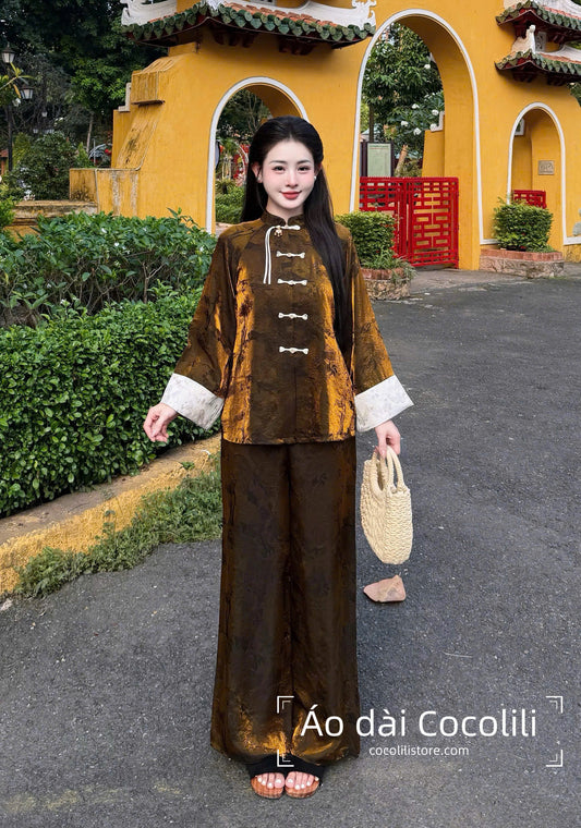 BB29 2363 Áo + quần - Bộ pháp phục lụa tằm tencel ánh kim màu nâu