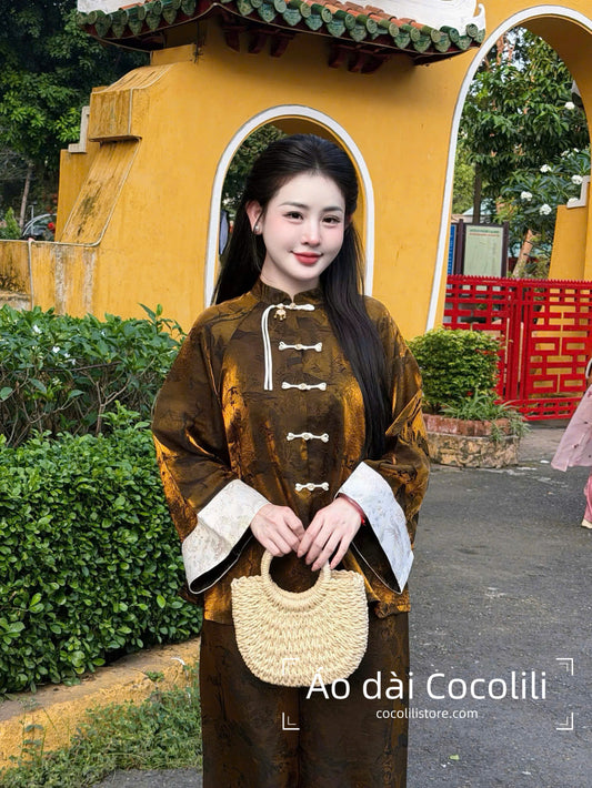 BB29 2363 Áo + quần - Bộ pháp phục lụa tằm tencel ánh kim màu nâu