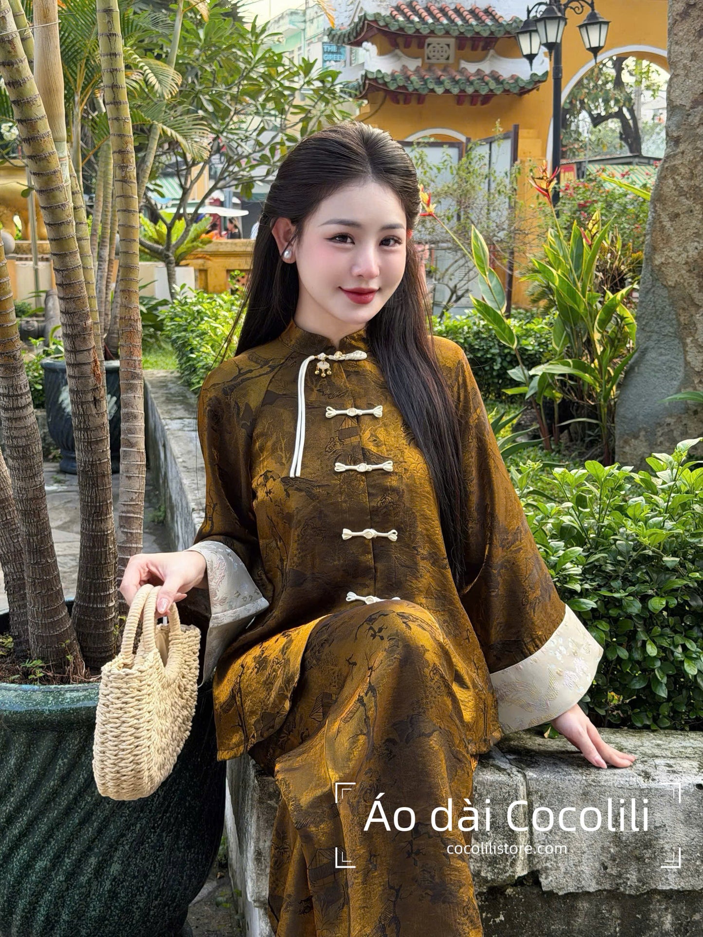 BB29 2363 Áo + quần - Bộ pháp phục lụa tằm tencel ánh kim màu nâu