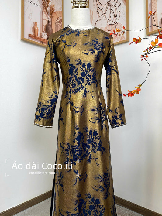 H511 2368 Áo only - Áo dài lụa dubai màu vàng đồng