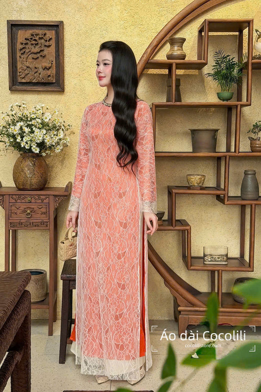 H541 2372 Áo only - Áo dài gấm phối ren 4 tà Cẩm Chi màu cam