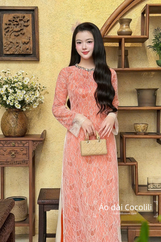 H541 2372 Áo only - Áo dài gấm phối ren 4 tà Cẩm Chi màu cam