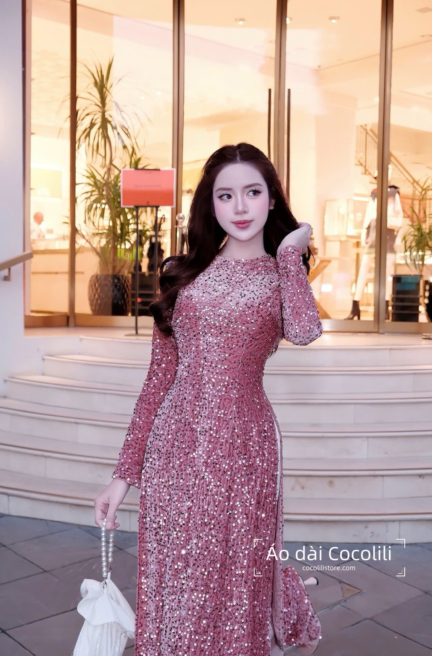 H538 2374 Áo only - Áo dài nhung kimsa màu hồng đỗ