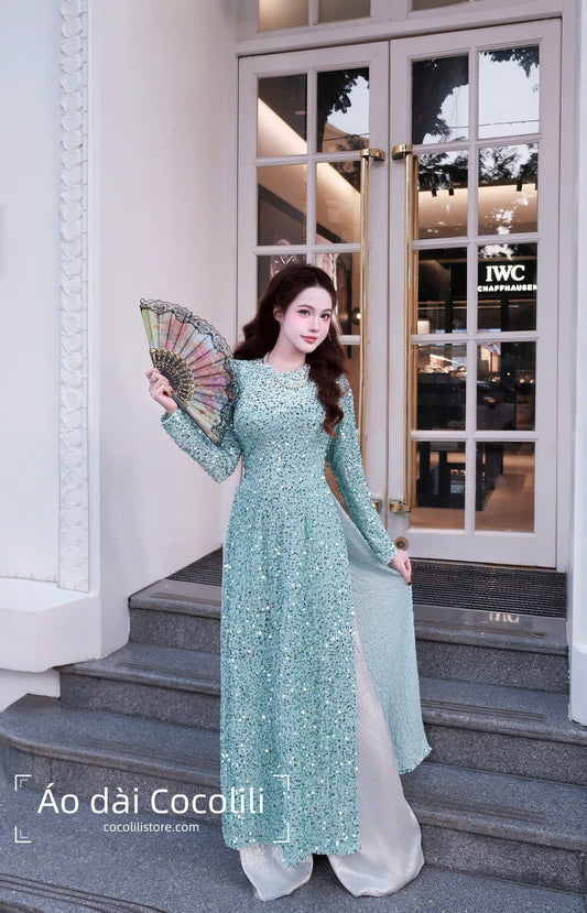 H539 2375 Áo only - Áo dài nhung kimsa màu xanh ngọc