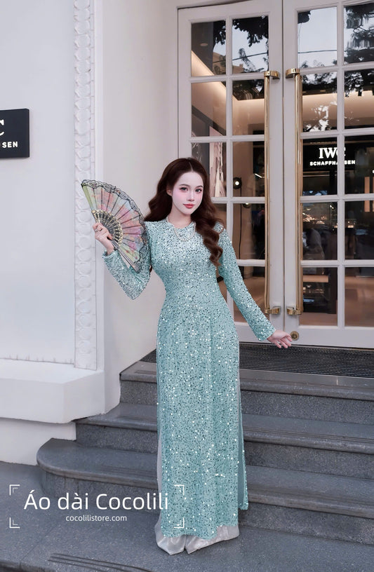 H539 2375 Áo only - Áo dài nhung kimsa màu xanh ngọc