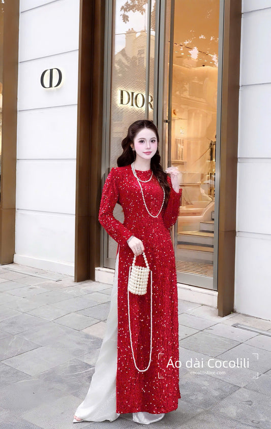 H540 2376 Áo only - Áo dài nhung kimsa màu đỏ tươi