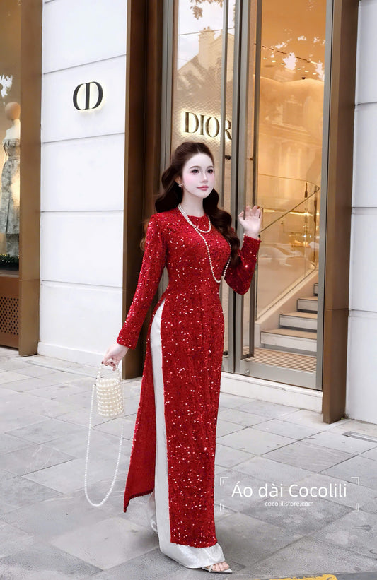 H540 2376 Áo only - Áo dài nhung kimsa màu đỏ tươi