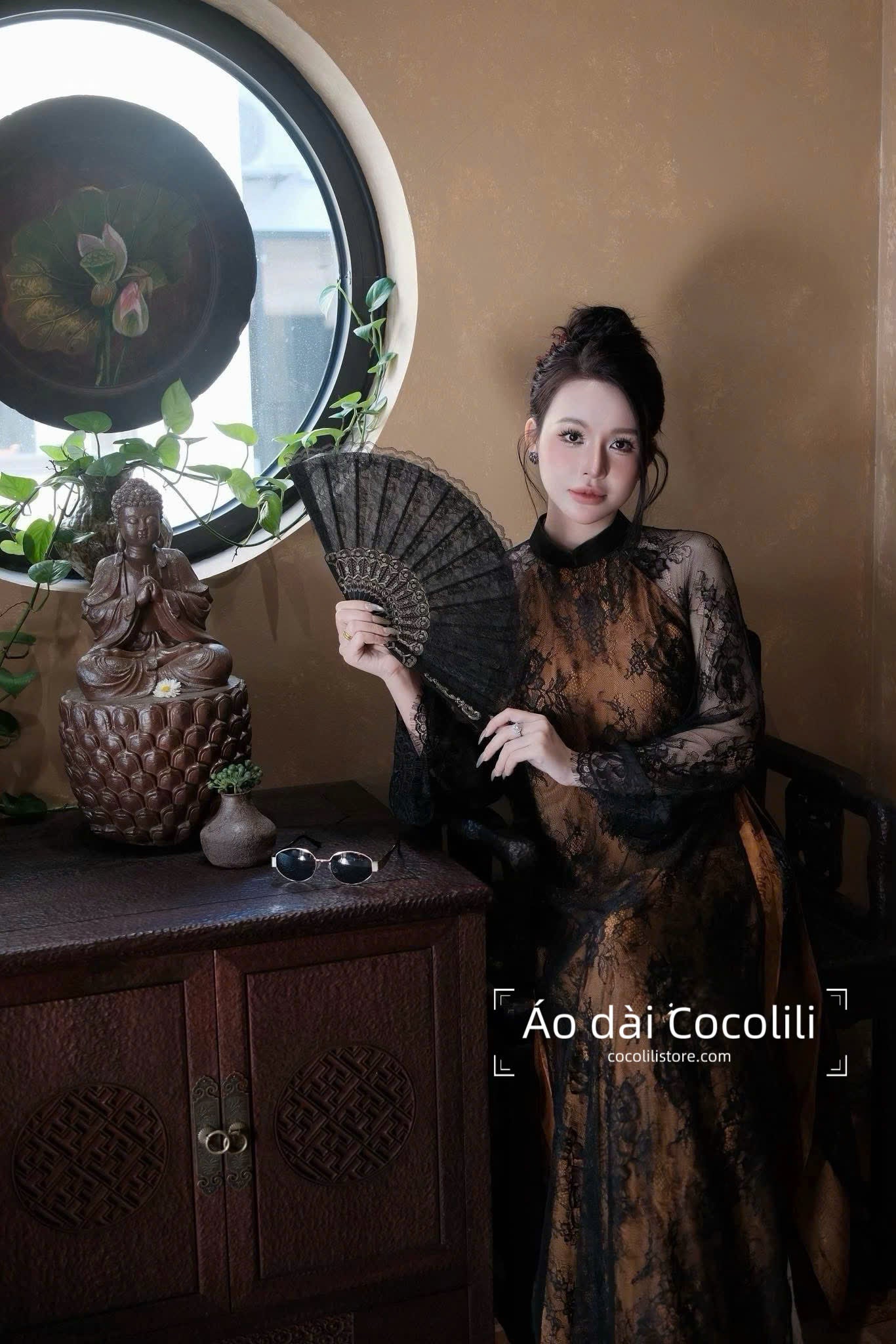R18 2378 Áo + quần ren 3 lớp - Áo dài dáng suông ren lót thọ dơi cam