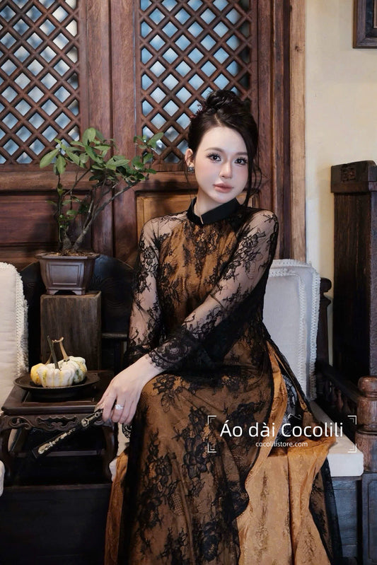 R18 2378 Áo + quần ren 3 lớp - Áo dài dáng suông ren lót thọ dơi cam