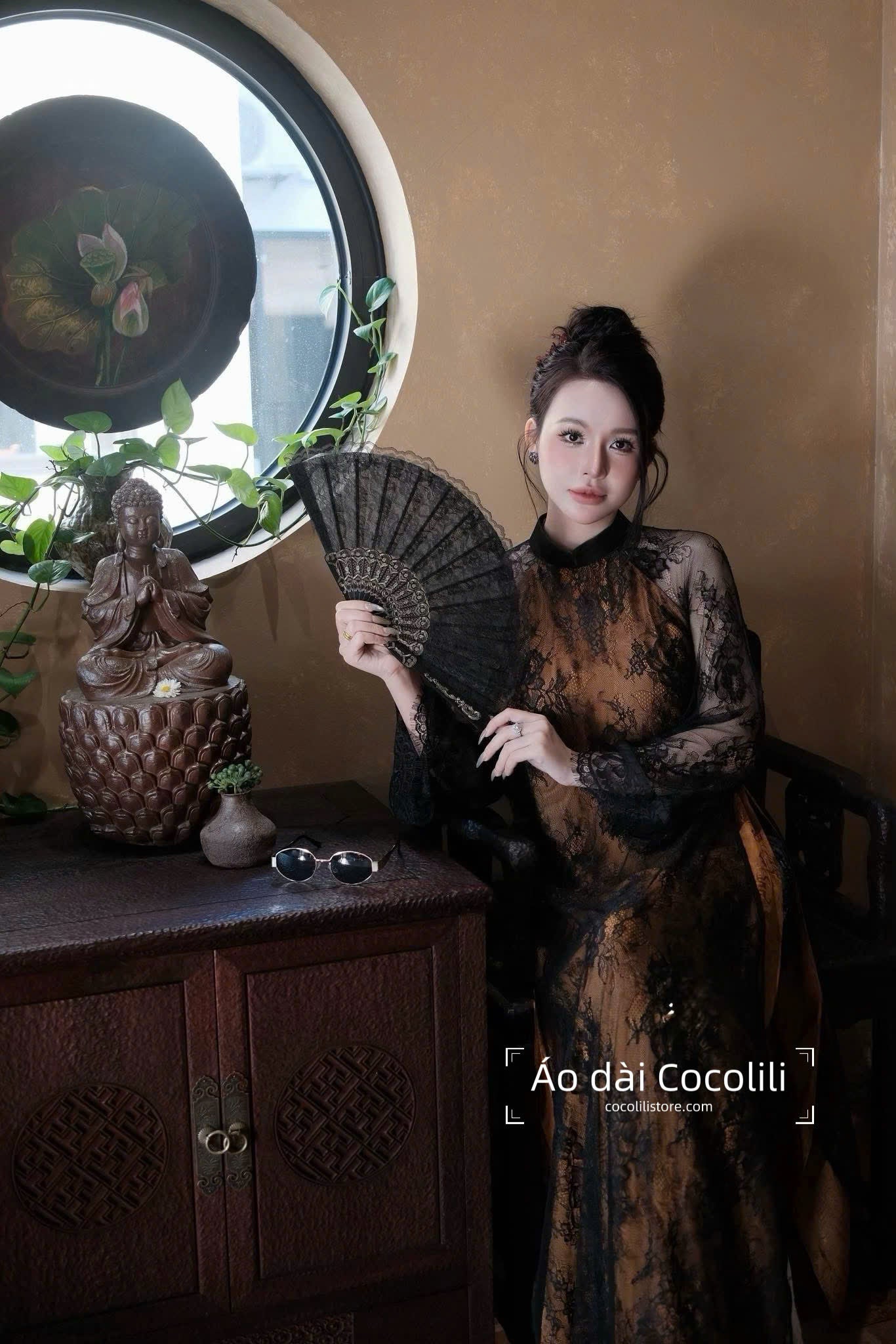 R18 2378 Áo + quần ren 3 lớp - Áo dài dáng suông ren lót thọ dơi cam