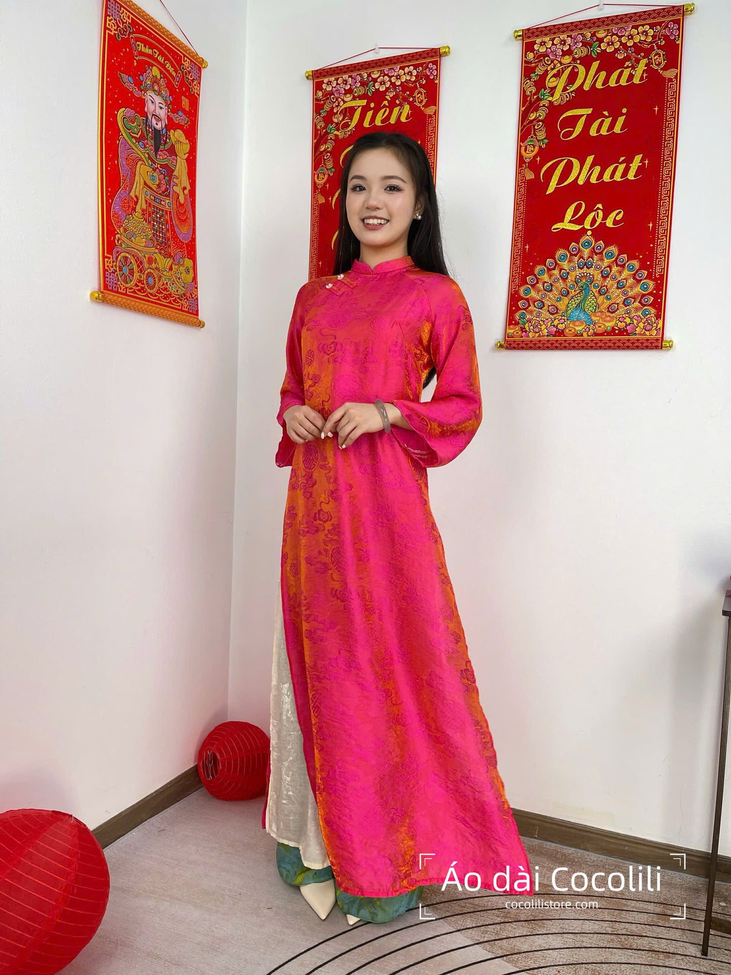 M337 2390 Áo + quần tằm - Áo dài dáng suông 4 tà lụa tencel ánh kim màu hồng sen