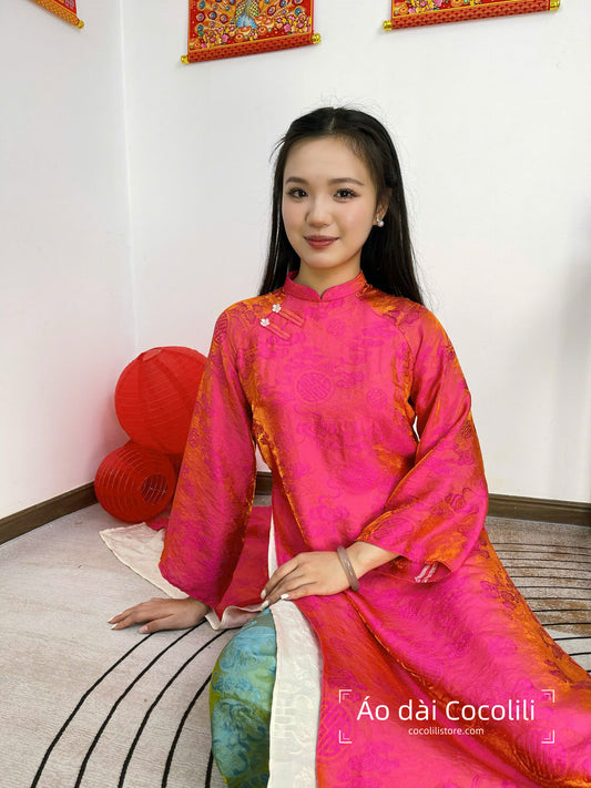 M337 2390 Áo + quần tằm - Áo dài dáng suông 4 tà lụa tencel ánh kim màu hồng sen