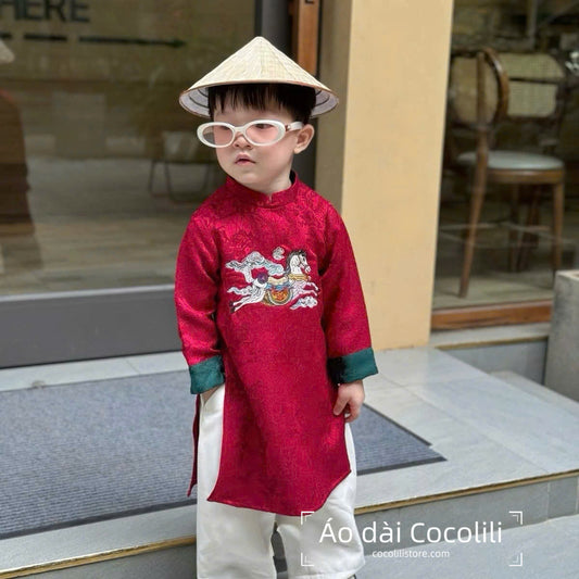 BT81 2392 Áo only - Áo bé trai gấm đỏ thêu ngựa