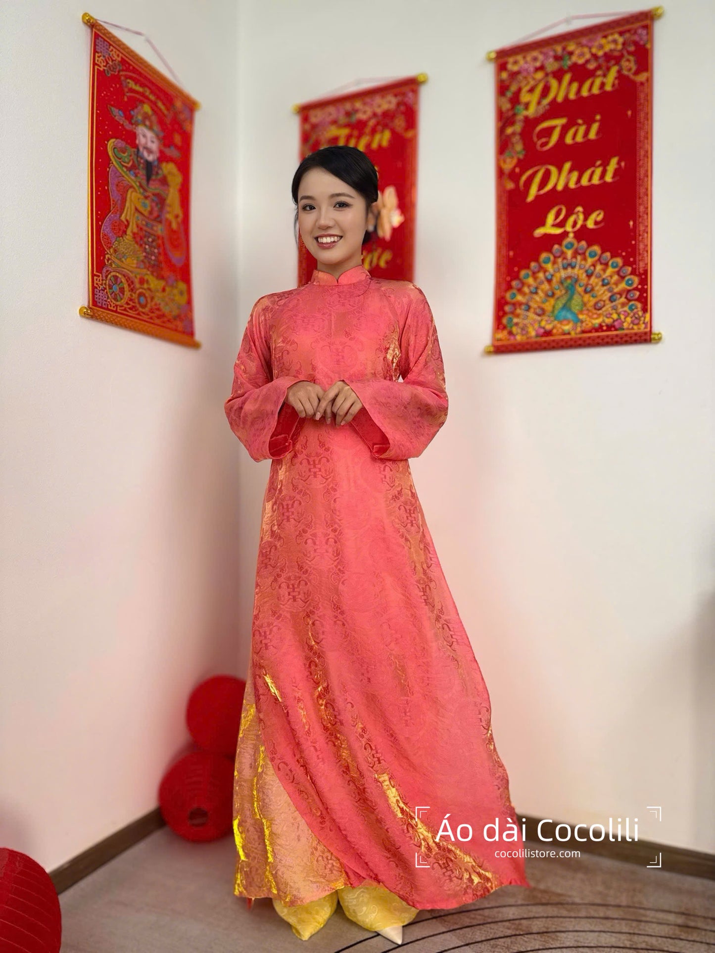 M357 2401 - Áo dài cam đậm + yếm cam + quần vàng tằm ánh kim tencel