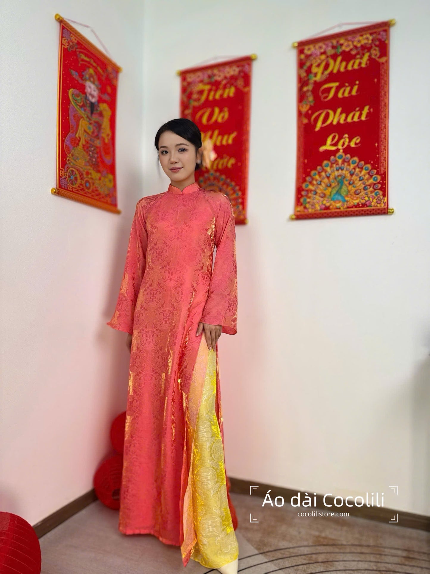 M357 2401 - Áo dài cam đậm + yếm cam + quần vàng tằm ánh kim tencel