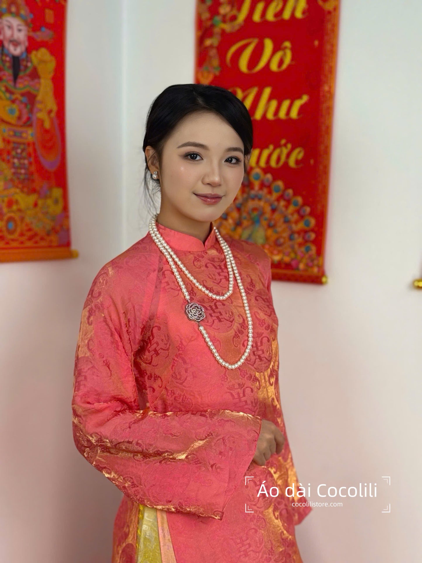 M357 2401 - Áo dài cam đậm + yếm cam + quần vàng tằm ánh kim tencel