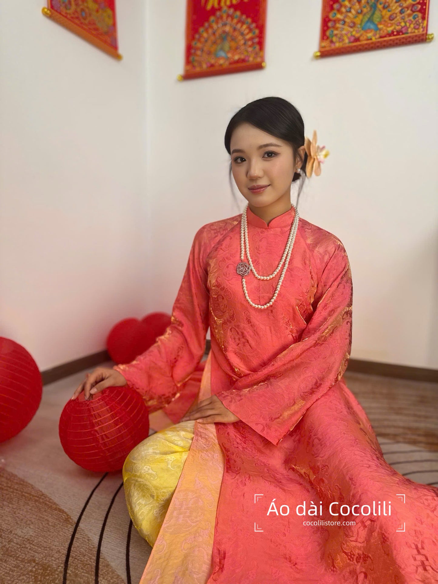 M357 2401 - Áo dài cam đậm + yếm cam + quần vàng tằm ánh kim tencel