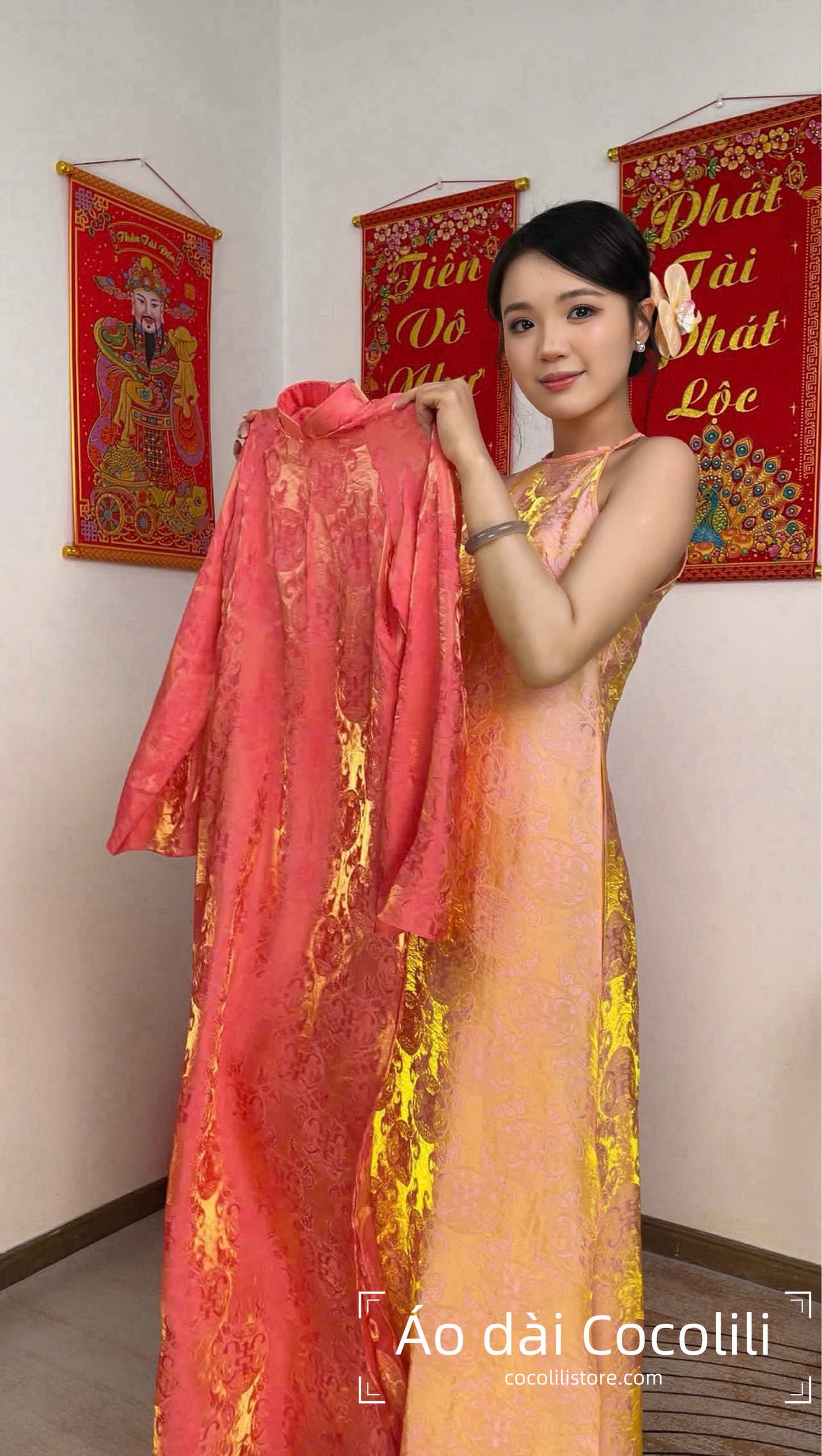 M357 2401 - Áo dài cam đậm + yếm cam + quần vàng tằm ánh kim tencel