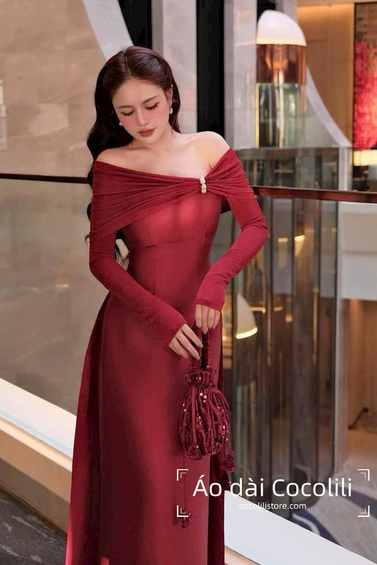 M332 Áo + quần đỏ - Áo dài tafta trễ vai màu đỏ