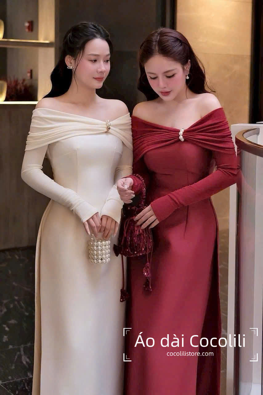 M332 Áo + quần đỏ - Áo dài tafta trễ vai màu đỏ