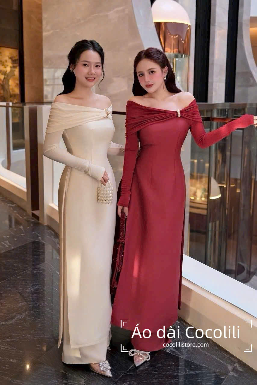 M332 Áo + quần đỏ - Áo dài tafta trễ vai màu đỏ