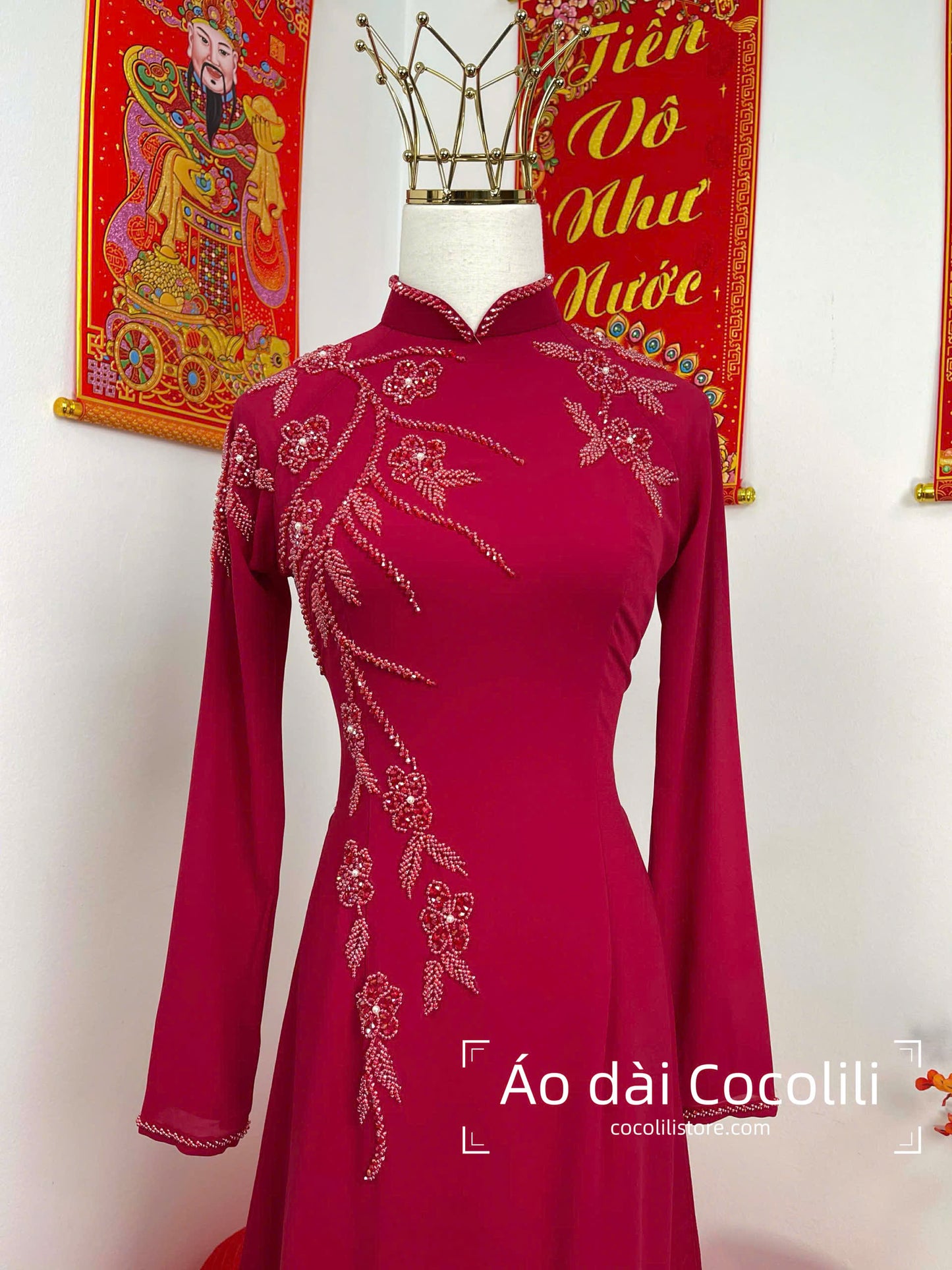 S258 Áo only - Áo dài thiết kế chiffon 4 tà màu đỏ đô đính kết