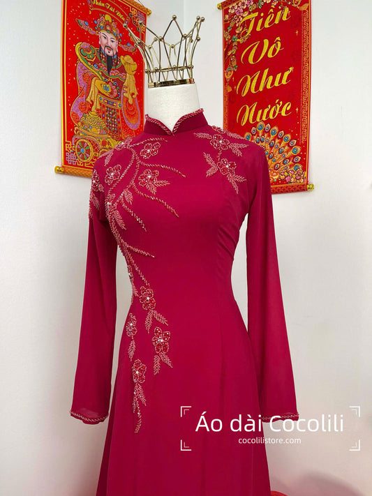 S258 Áo only - Áo dài thiết kế chiffon 4 tà màu đỏ đô đính kết