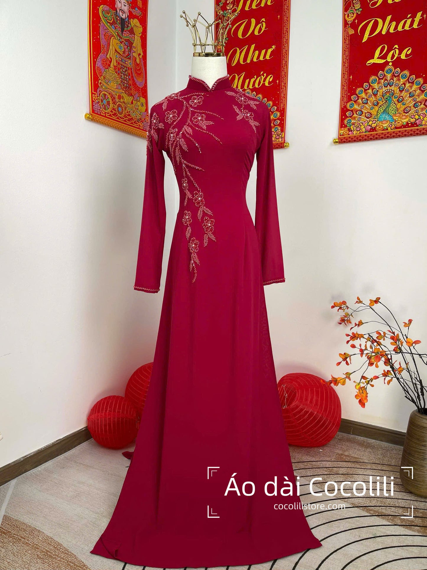 S258 Áo only - Áo dài thiết kế chiffon 4 tà màu đỏ đô đính kết