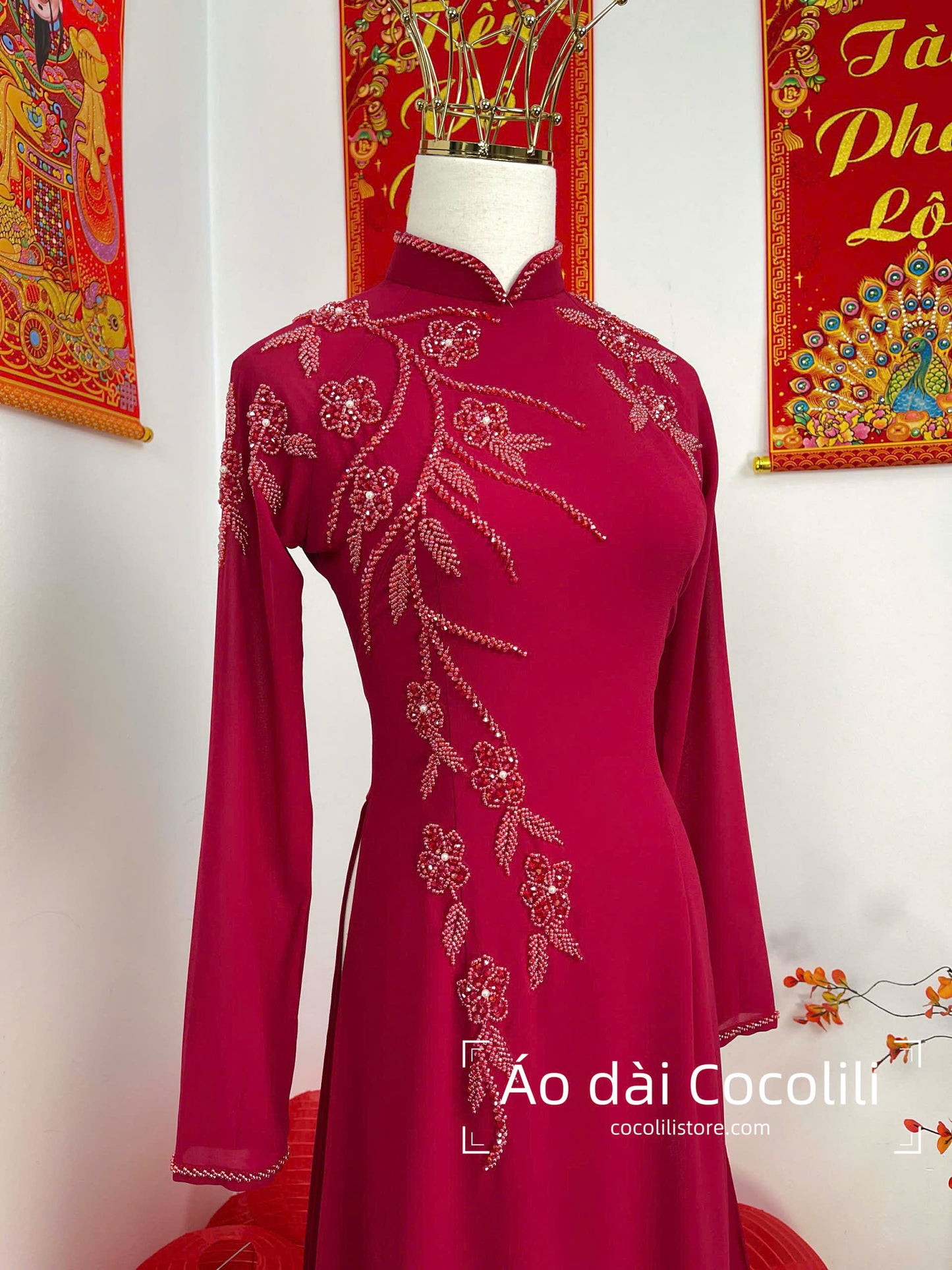 S258 Áo only - Áo dài thiết kế chiffon 4 tà màu đỏ đô đính kết