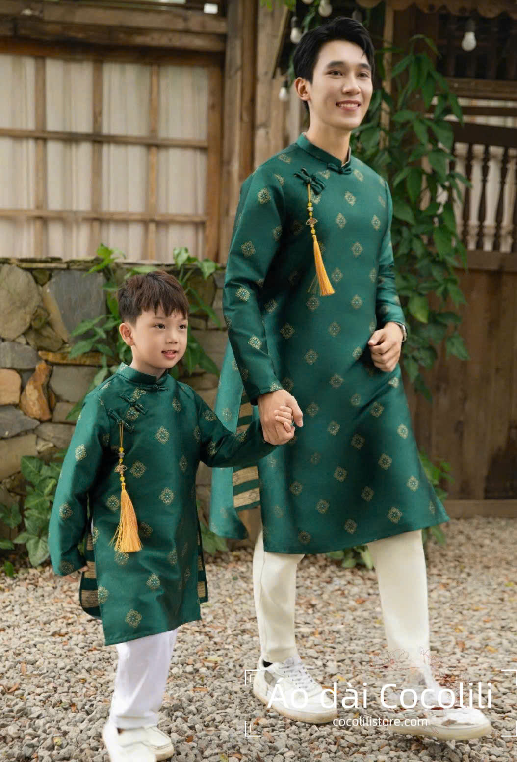 B142 BT61 Bố + bé trai - Áo dài bố và bé trai Tuyết Mai xanh lá