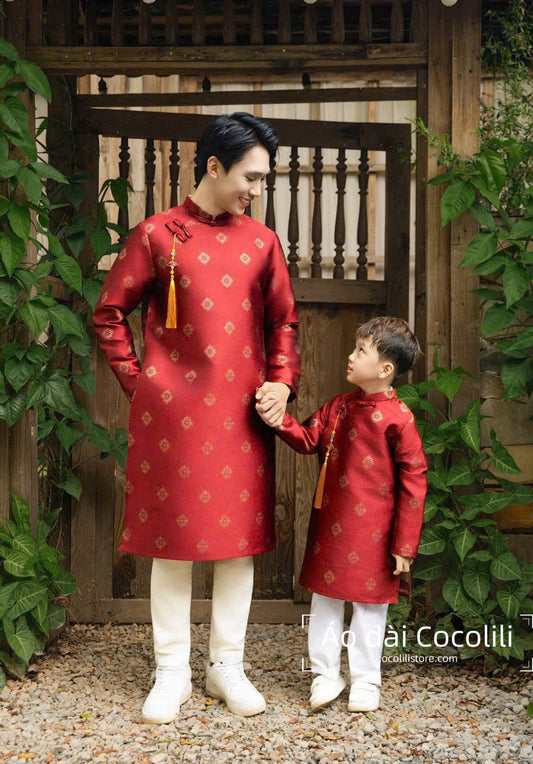 BT60 B141 Bố + Bé trai - Áo dài bé trai Tuyết Mai màu đỏ
