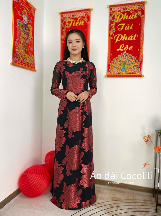 T479 Áo only - Áo dài 4 tà tơ silk màu đen hoa hồng