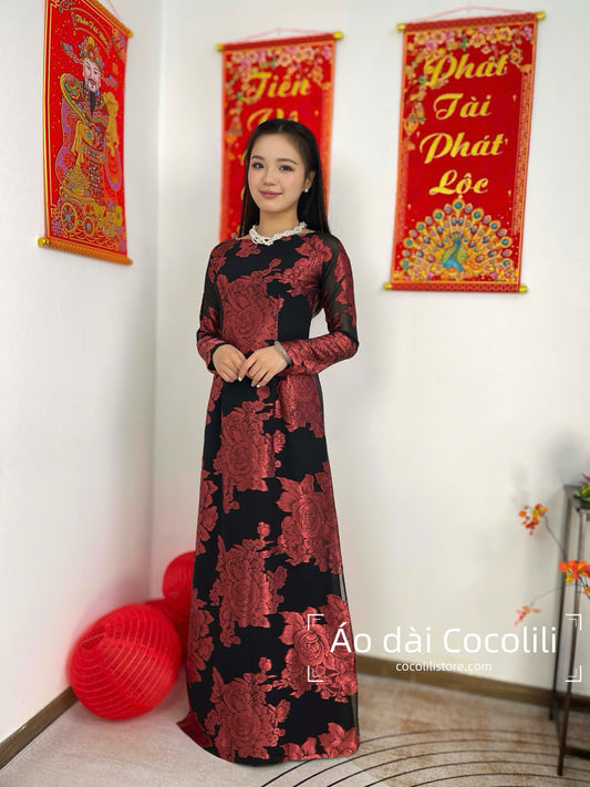 T479 Áo only - Áo dài 4 tà tơ silk màu đen hoa hồng